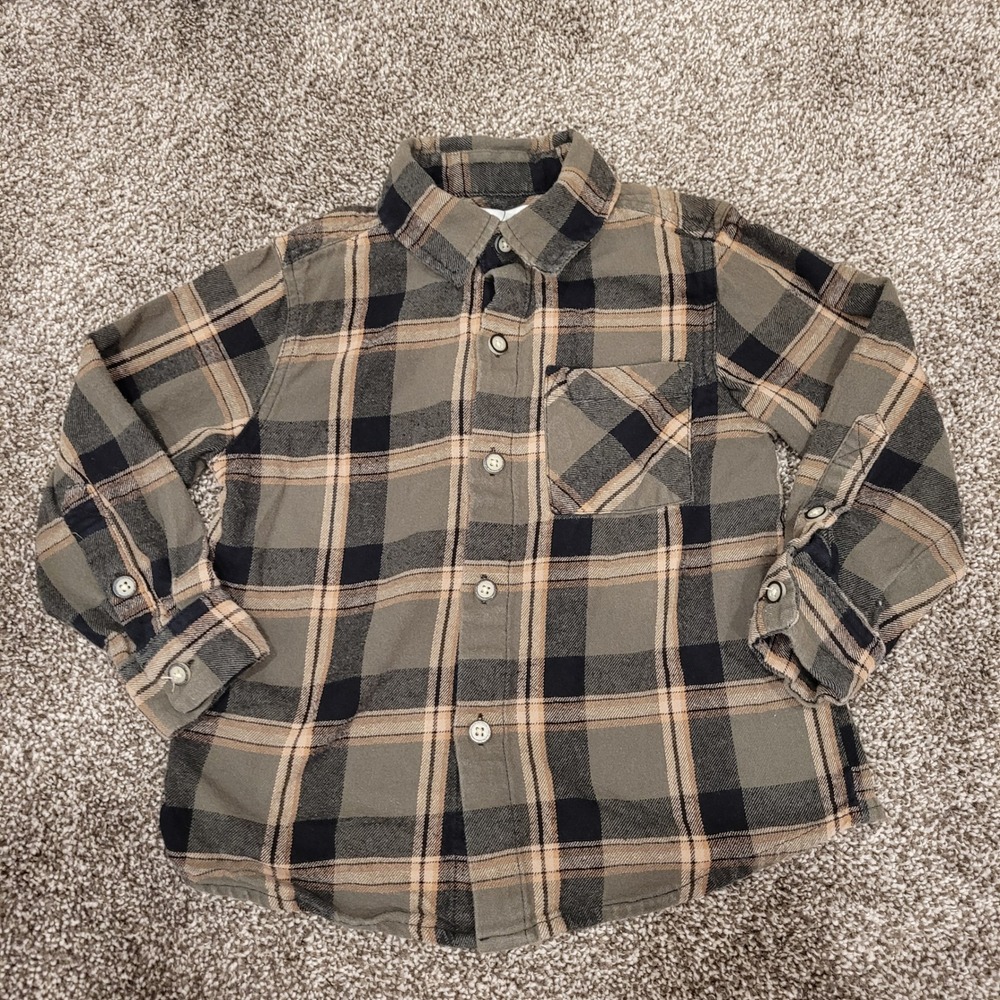 Scene & Heard Kids Size 3 Olive Green Plaid Cotton Flannel Button Down Shirt